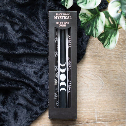 Moon Phases & Pentagram Ritual Candle Set – 3 Mystical Black Taper Candles