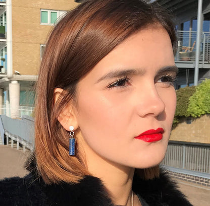 Lapis Lazuli & Sterling Silver Stud Earrings – Handmade Cylinder Gemstone Earrings with Sparkle Detail
