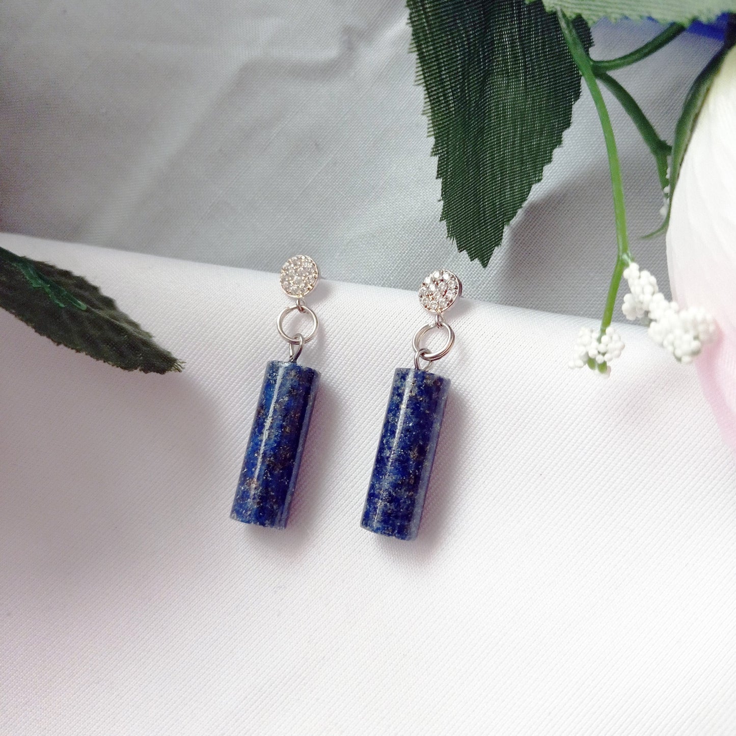 Lapis Lazuli & Sterling Silver Stud Earrings – Handmade Cylinder Gemstone Earrings with Sparkle Detail