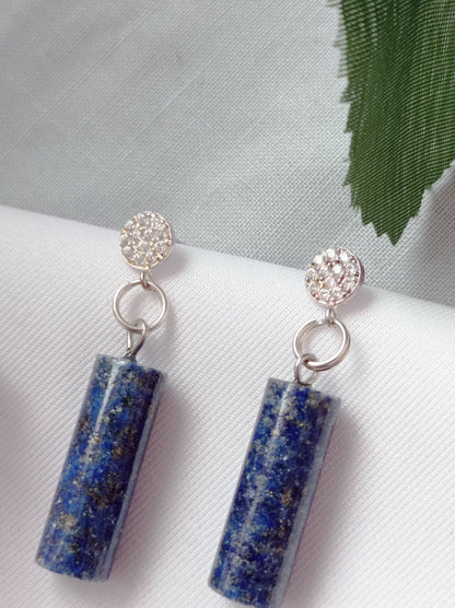 Lapis Lazuli & Sterling Silver Stud Earrings – Handmade Cylinder Gemstone Earrings with Sparkle Detail