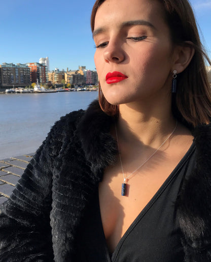 Lapis Lazuli & Sterling Silver Necklace – Handmade Cylinder Gemstone Pendant for Timeless Elegance
