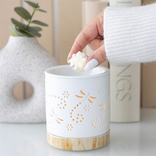 Dragonfly Oil Burner – Matte Ceramic Aroma Burner with Wood-Effect Base