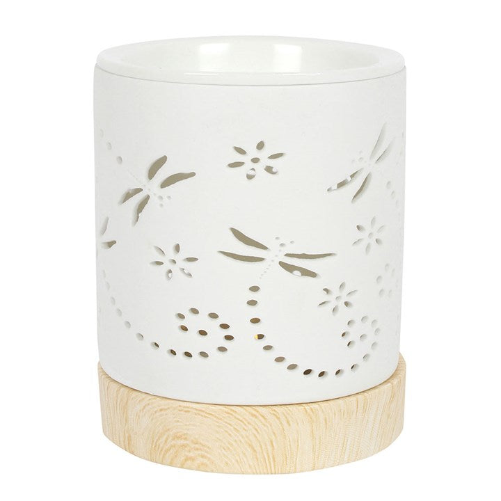 Dragonfly Oil Burner – Matte Ceramic Aroma Burner with Wood-Effect Base