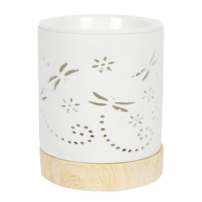 Dragonfly Oil Burner – Matte Ceramic Aroma Burner with Wood-Effect Base