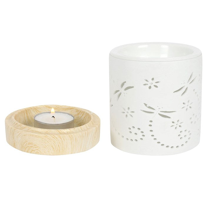 Dragonfly Oil Burner – Matte Ceramic Aroma Burner with Wood-Effect Base