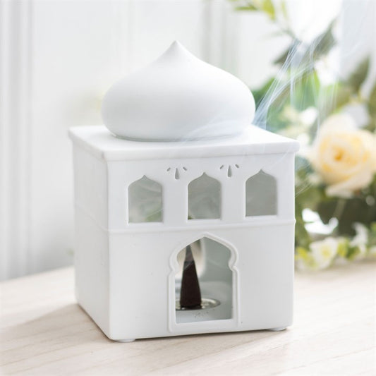 Glossy Off-White Mosque Oil Burner – Luxury Ceramic Wax & Fragrance Diffuser for Prayer, Calm & Eid Celebrations