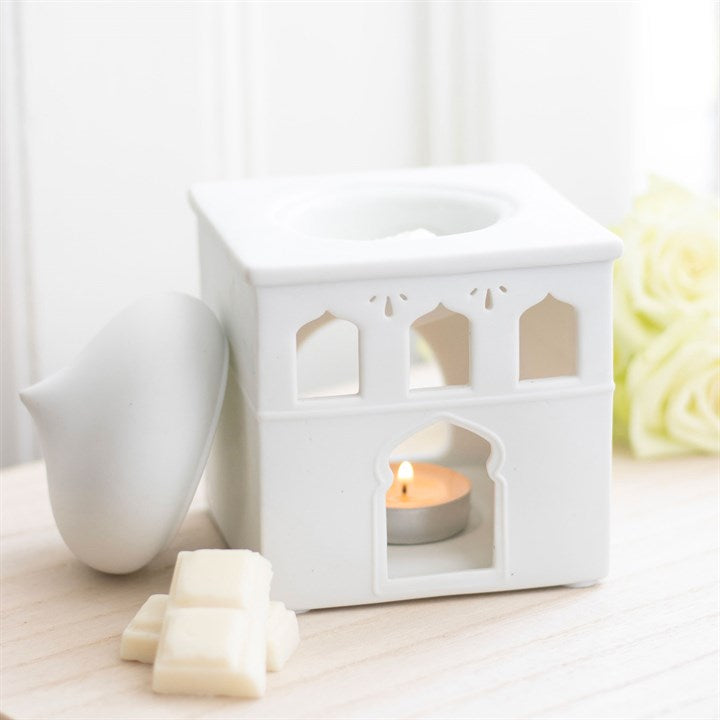 Glossy Off-White Mosque Oil Burner – Luxury Ceramic Wax & Fragrance Diffuser for Prayer, Calm & Eid Celebrations