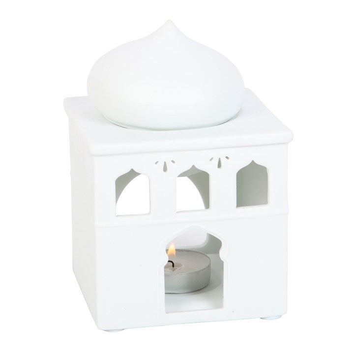 Glossy Off-White Mosque Oil Burner – Luxury Ceramic Wax & Fragrance Diffuser for Prayer, Calm & Eid Celebrations