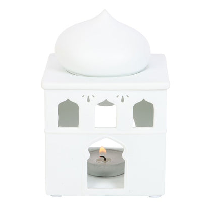 Glossy Off-White Mosque Oil Burner – Luxury Ceramic Wax & Fragrance Diffuser for Prayer, Calm & Eid Celebrations