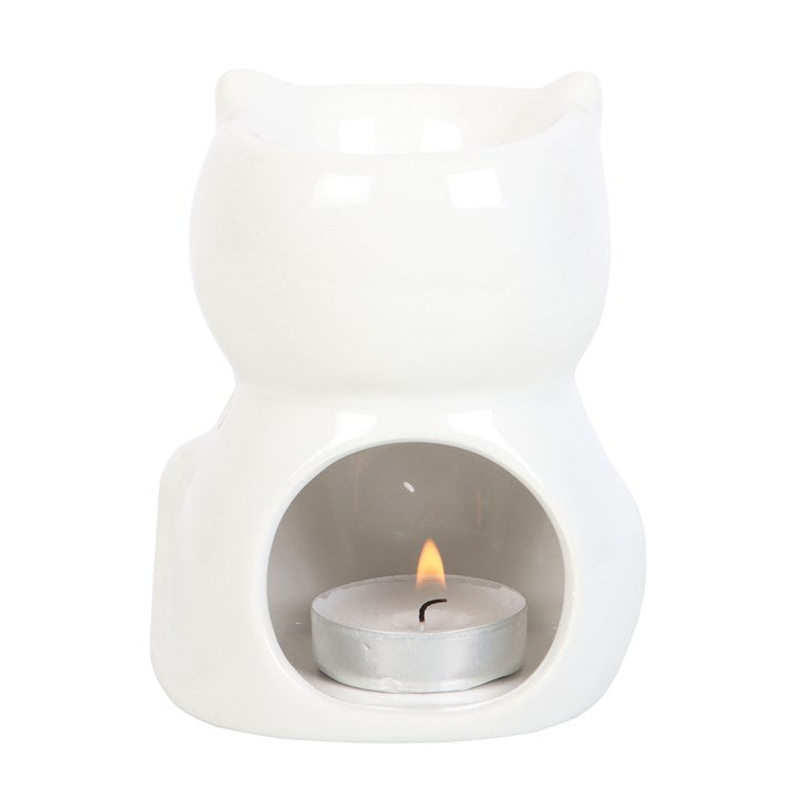 White Cat Oil Burner – Shiny Ceramic Aroma Burner for Intuition & Protection