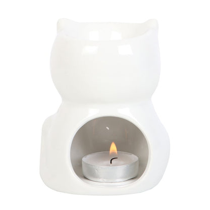 White Cat Oil Burner – Shiny Ceramic Aroma Burner for Intuition & Protection