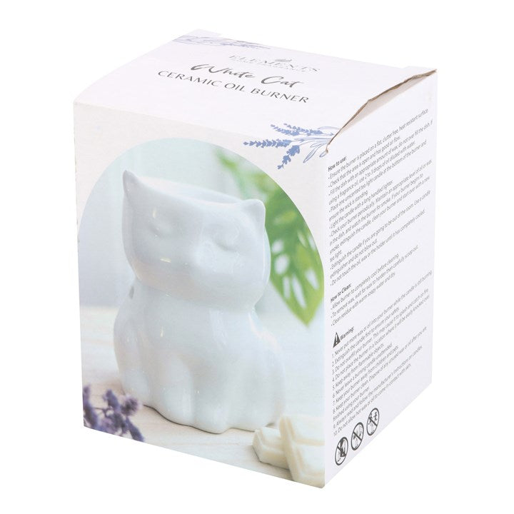 White Cat Oil Burner – Shiny Ceramic Aroma Burner for Intuition & Protection