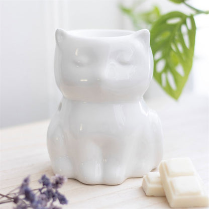 White Cat Oil Burner – Shiny Ceramic Aroma Burner for Intuition & Protection