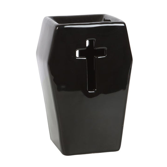 Black Coffin Oil Burner with Cut-Out Cross – Gothic Home & Ritual Aroma Décor