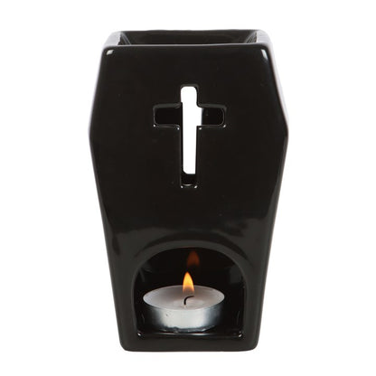 Black Coffin Oil Burner with Cut-Out Cross – Gothic Home & Ritual Aroma Décor