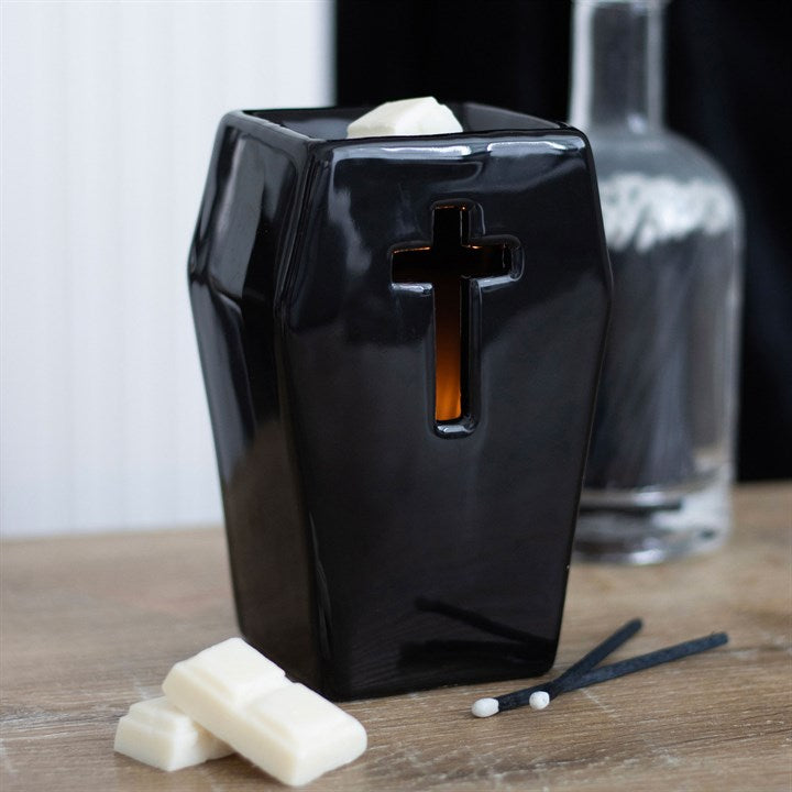 Black Coffin Oil Burner with Cut-Out Cross – Gothic Home & Ritual Aroma Décor