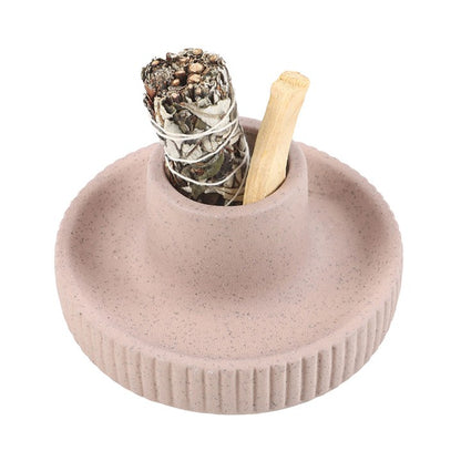 Greige Ribbed Ceramic Smudge Bowl – For Sage, Incense & Spiritual Cleansing