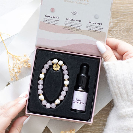 Self Love Lava Bead Bracelet & Rose Geranium Oil Gift Set – Rose Quartz Healing Jewellery for Confidence & Care
