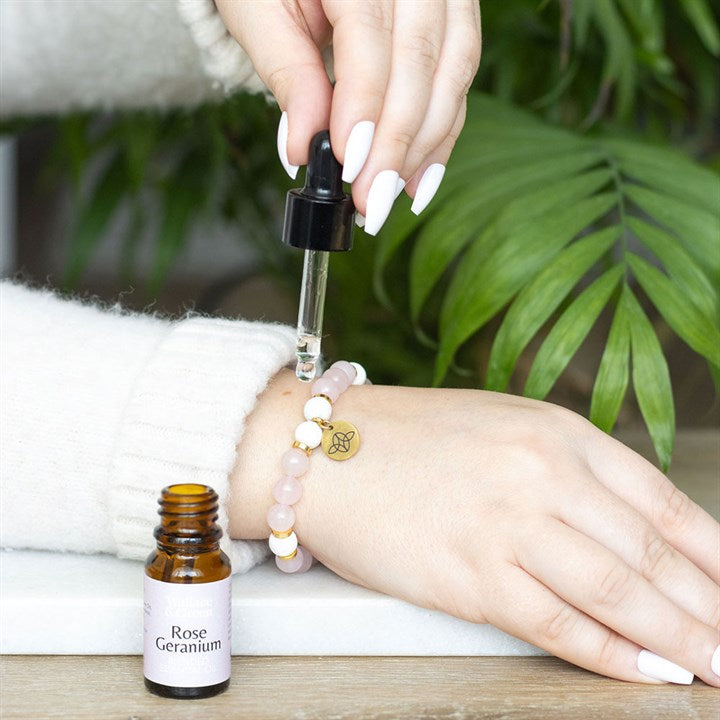 Self Love Lava Bead Bracelet & Rose Geranium Oil Gift Set – Rose Quartz Healing Jewellery for Confidence & Care