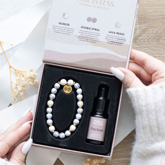 Stress Relief Lava Bead Bracelet & Patchouli Oil Gift Set – Howlite Healing Jewellery for Calm & Balance