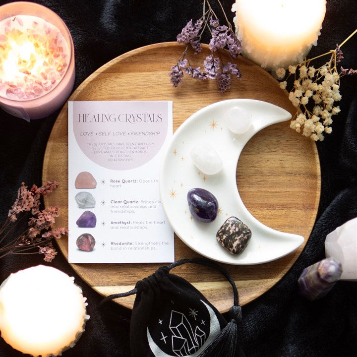 Love, Confidence & Friendship Crystal Set – Rose Quartz, Clear Quartz, Amethyst & Rhodonite