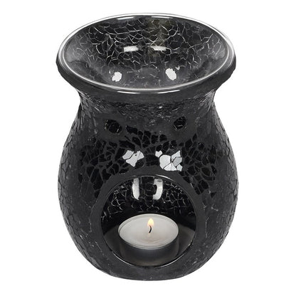 Large Black Mirrored Crackle Oil Burner – Elegant Ceramic Wax & Fragrance Diffuser
