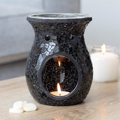 Large Black Mirrored Crackle Oil Burner – Elegant Ceramic Wax & Fragrance Diffuser