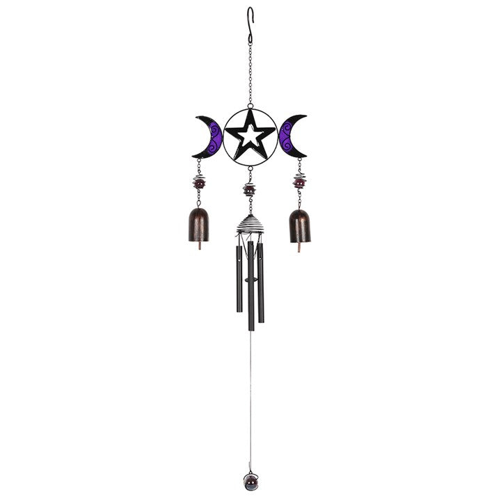 Triple Moon Windchime with Bells – Wiccan Lunar Symbolism in Glass, Metal & Resin