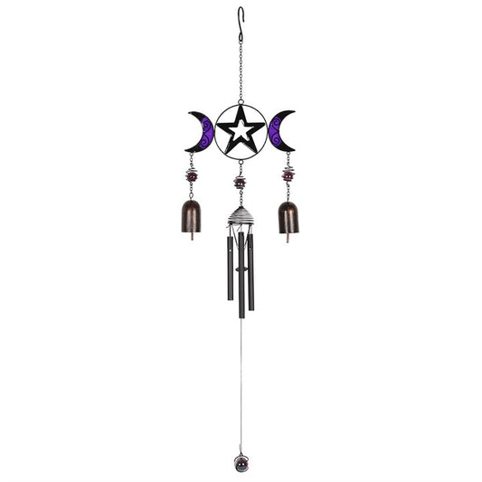Triple Moon Windchime with Bells – Wiccan Lunar Symbolism in Glass, Metal & Resin