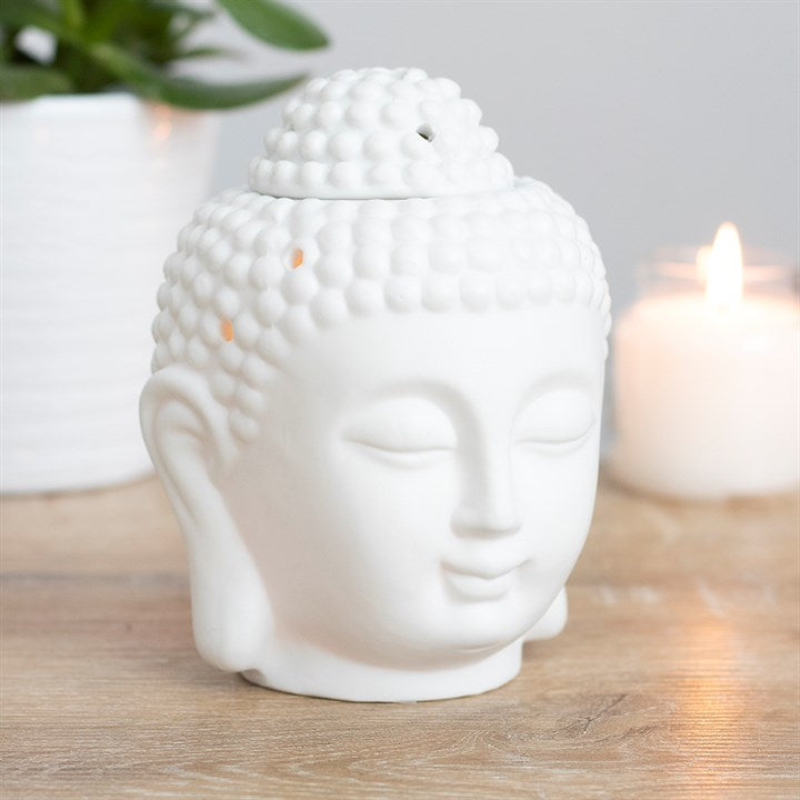 White Buddha Head Oil Burner – Matte Ceramic Aroma & Wax Melt Burner for Peace & Mindfulness