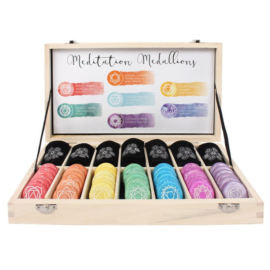 Set of 42 Chakra Meditation Stones in Wooden Box – Yoga, Reiki & Spiritual Healing Gift