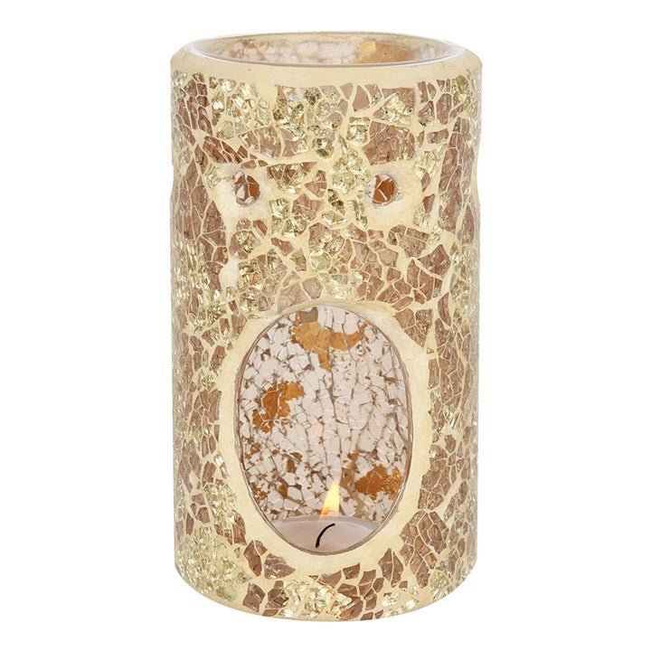 Gold Mirrored Crackle Pillar Oil Burner – Luxury Wax & Fragrance Diffuser for Abundance & Inner Light