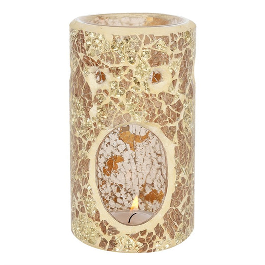 Gold Mirrored Crackle Pillar Oil Burner – Luxury Wax & Fragrance Diffuser for Abundance & Inner Light