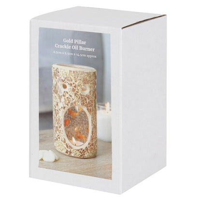 Gold Mirrored Crackle Pillar Oil Burner – Luxury Wax & Fragrance Diffuser for Abundance & Inner Light