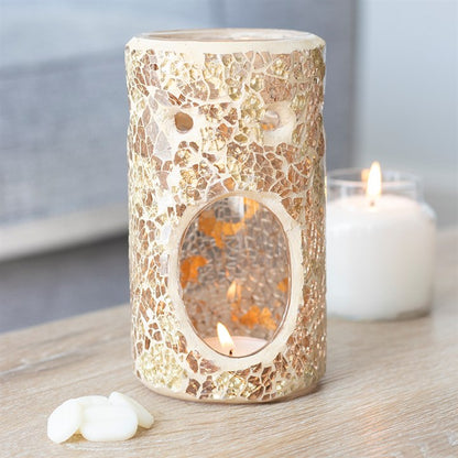 Gold Mirrored Crackle Pillar Oil Burner – Luxury Wax & Fragrance Diffuser for Abundance & Inner Light