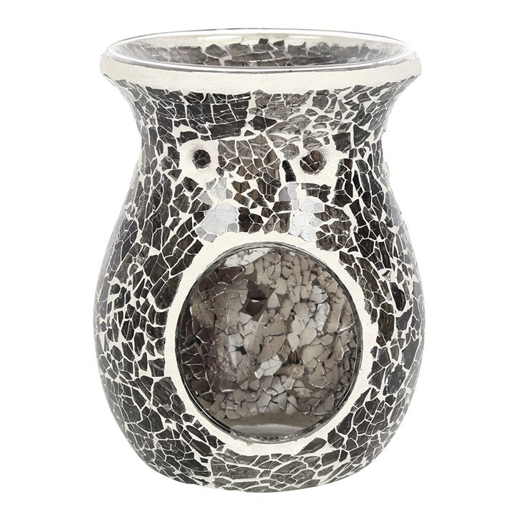 Large Grey Mirrored Crackle Oil Burner – Ceramic Wax & Fragrance Diffuser for Calm & Reflection