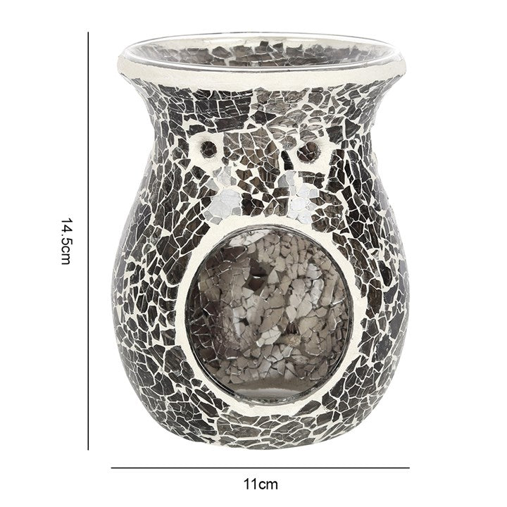 Large Grey Mirrored Crackle Oil Burner – Ceramic Wax & Fragrance Diffuser for Calm & Reflection