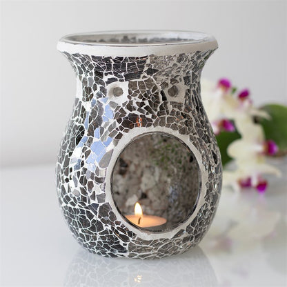 Large Grey Mirrored Crackle Oil Burner – Ceramic Wax & Fragrance Diffuser for Calm & Reflection