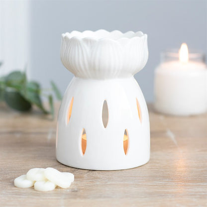 White Lotus Oil Burner – Sacred Ceramic Wax & Fragrance Diffuser with Cut-Out Glow