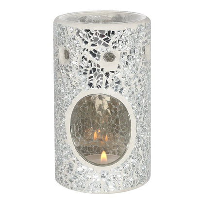 Silver Mirrored Crackle Pillar Oil Burner – Elegant Wax & Fragrance Diffuser for Clarity & Intuition