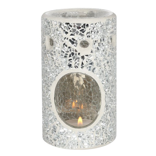 Silver Mirrored Crackle Pillar Oil Burner – Elegant Wax & Fragrance Diffuser for Clarity & Intuition