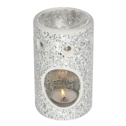 Silver Mirrored Crackle Pillar Oil Burner – Elegant Wax & Fragrance Diffuser for Clarity & Intuition