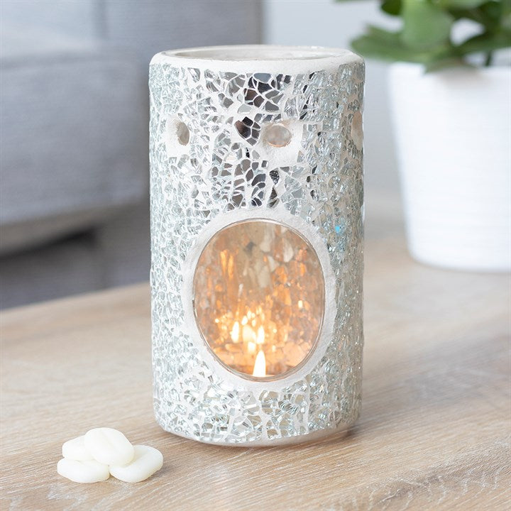 Silver Mirrored Crackle Pillar Oil Burner – Elegant Wax & Fragrance Diffuser for Clarity & Intuition