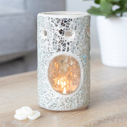 Silver Mirrored Crackle Pillar Oil Burner – Elegant Wax & Fragrance Diffuser for Clarity & Intuition