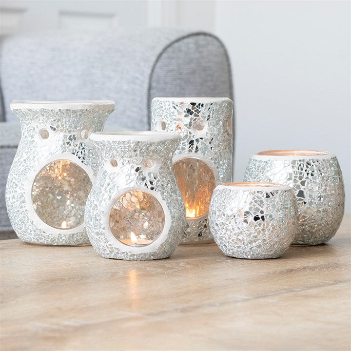 Silver Mirrored Crackle Pillar Oil Burner – Elegant Wax & Fragrance Diffuser for Clarity & Intuition