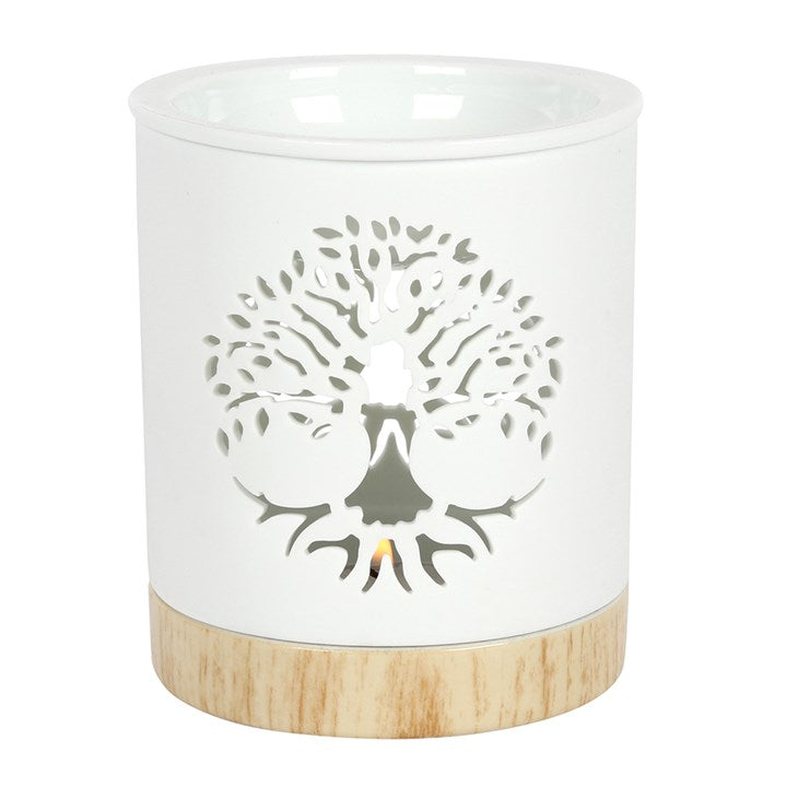 Tree of Life Oil Burner – White Ceramic Wax & Fragrance Diffuser with Wood-Effect Base