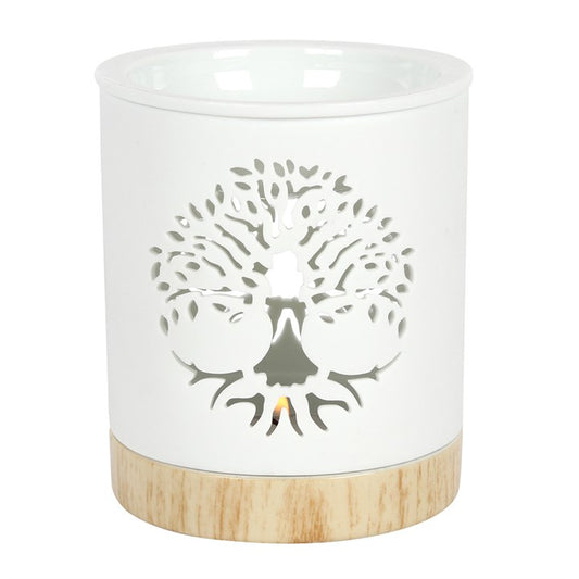 Tree of Life Oil Burner – White Ceramic Wax & Fragrance Diffuser with Wood-Effect Base
