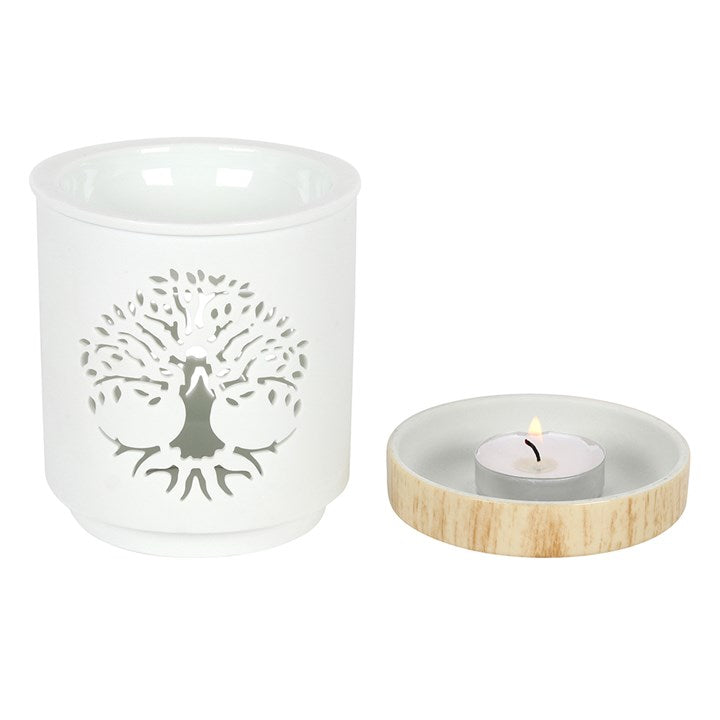 Tree of Life Oil Burner – White Ceramic Wax & Fragrance Diffuser with Wood-Effect Base