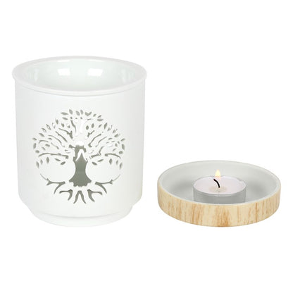 Tree of Life Oil Burner – White Ceramic Wax & Fragrance Diffuser with Wood-Effect Base