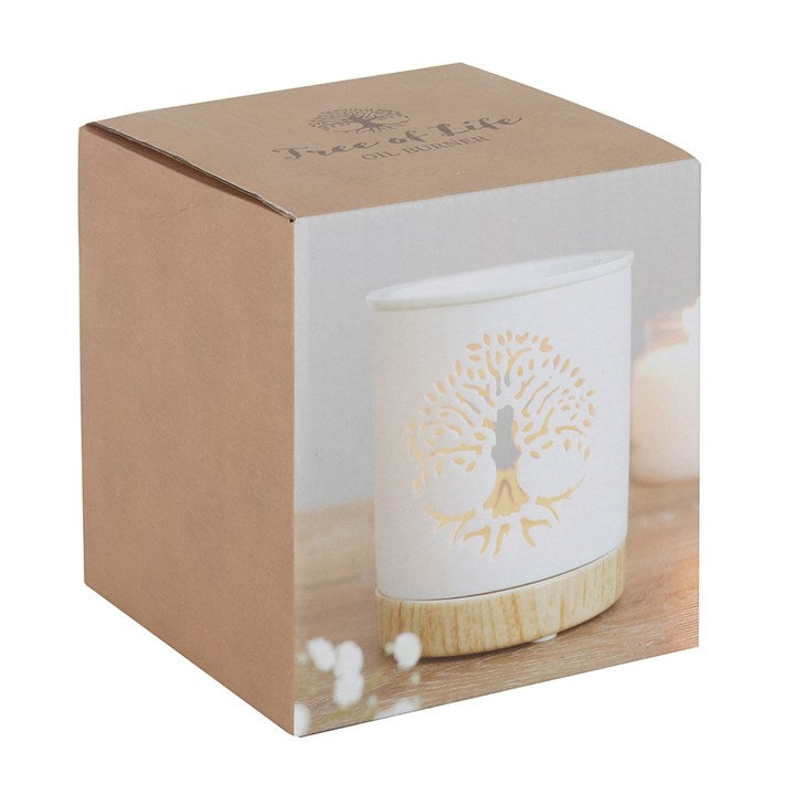 Tree of Life Oil Burner – White Ceramic Wax & Fragrance Diffuser with Wood-Effect Base
